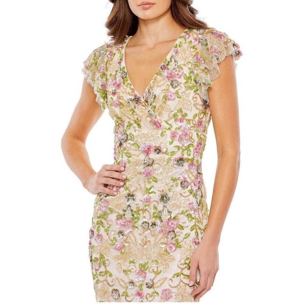 Mac Duggal 5722 Cream Yellow Flutter Sleeve Embellished Beaded Dress Size 10
